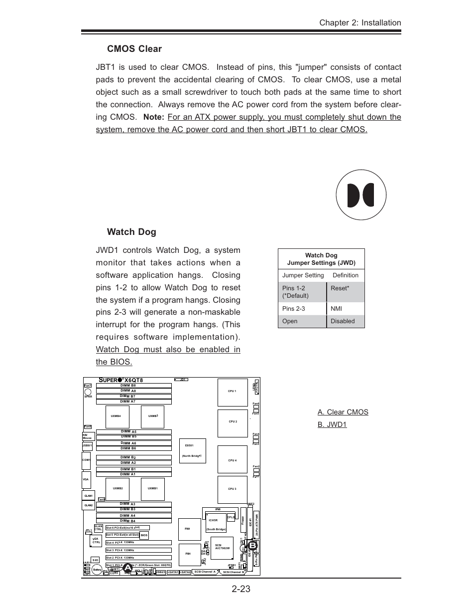 Watch dog, Cmos clear, Chapter 2: installation | A. clear cmos b. jwd1 | SUPER MICRO Computer X6QTE+ User Manual | Page 45 / 110
