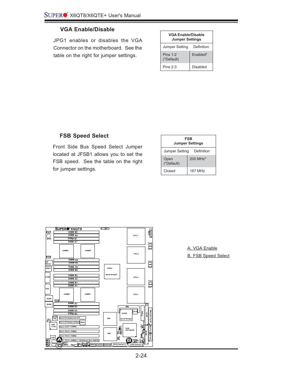 Vga enable/disable, Fsb speed select, X6qt8/x6qte+ user's manual | A. vga enable b. fsb speed select | SUPER MICRO Computer X6QTE+ User Manual | Page 46 / 110
