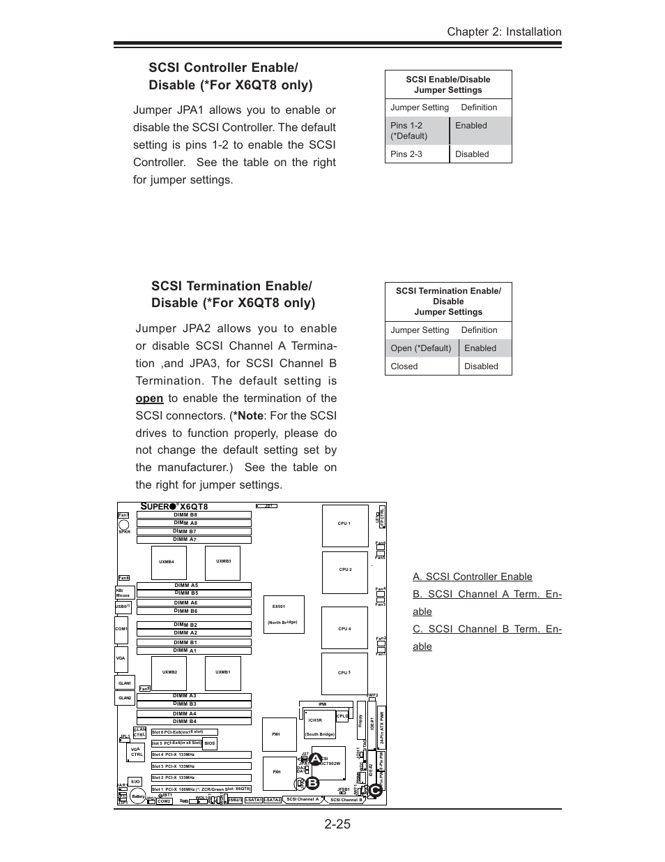 Scsi controller enable/ disable (*for x6qt8 only), Scsi termination enable/ disable (*for x6qt8 only), Chapter 2: installation | SUPER MICRO Computer X6QTE+ User Manual | Page 47 / 110