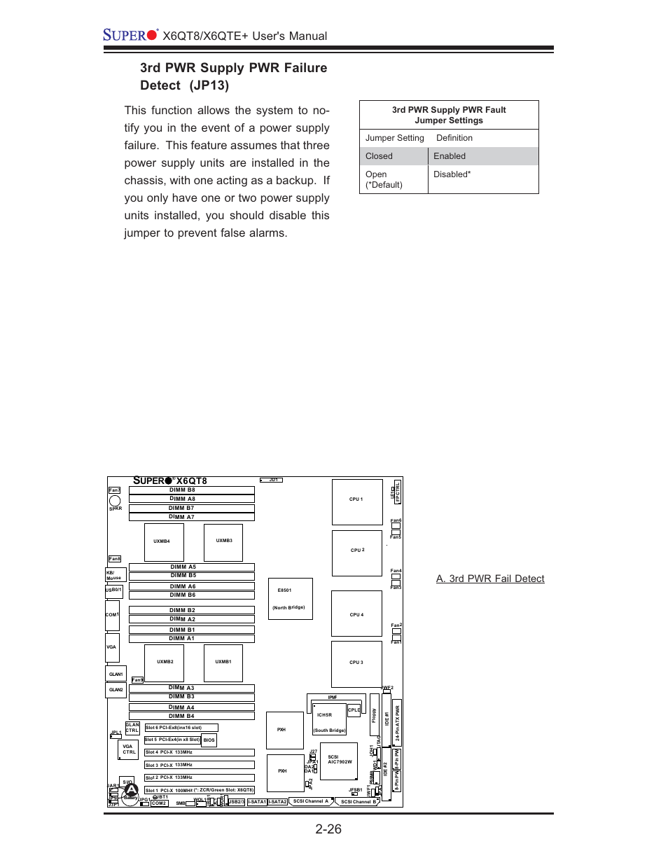 3rd pwr supply pwr failure detect (jp13), X6qt8/x6qte+ user's manual, A. 3rd pwr fail detect | X6qt8, Uper | SUPER MICRO Computer X6QTE+ User Manual | Page 48 / 110