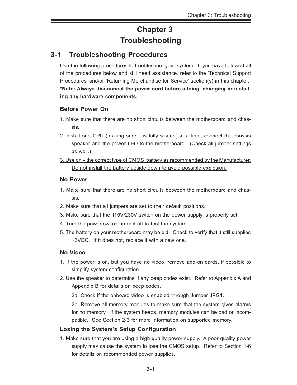 Chapter 3 troubleshooting, 1 troubleshooting procedures | SUPER MICRO Computer X6QTE+ User Manual | Page 55 / 110