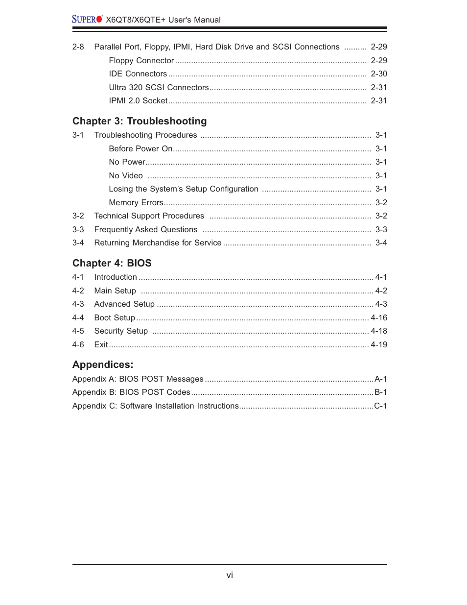 Chapter 3: troubleshooting, Chapter 4: bios, Appendices | SUPER MICRO Computer X6QTE+ User Manual | Page 6 / 110