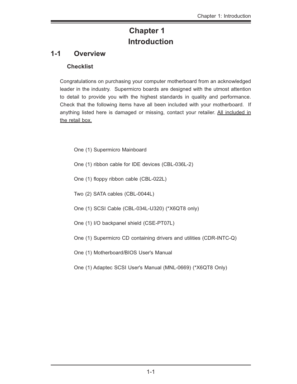 Chapter 1 introduction, 1 overview | SUPER MICRO Computer X6QTE+ User Manual | Page 7 / 110