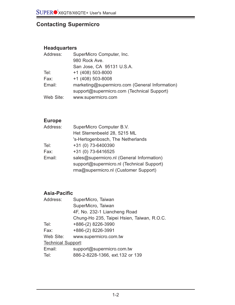 Contacting supermicro | SUPER MICRO Computer X6QTE+ User Manual | Page 8 / 110