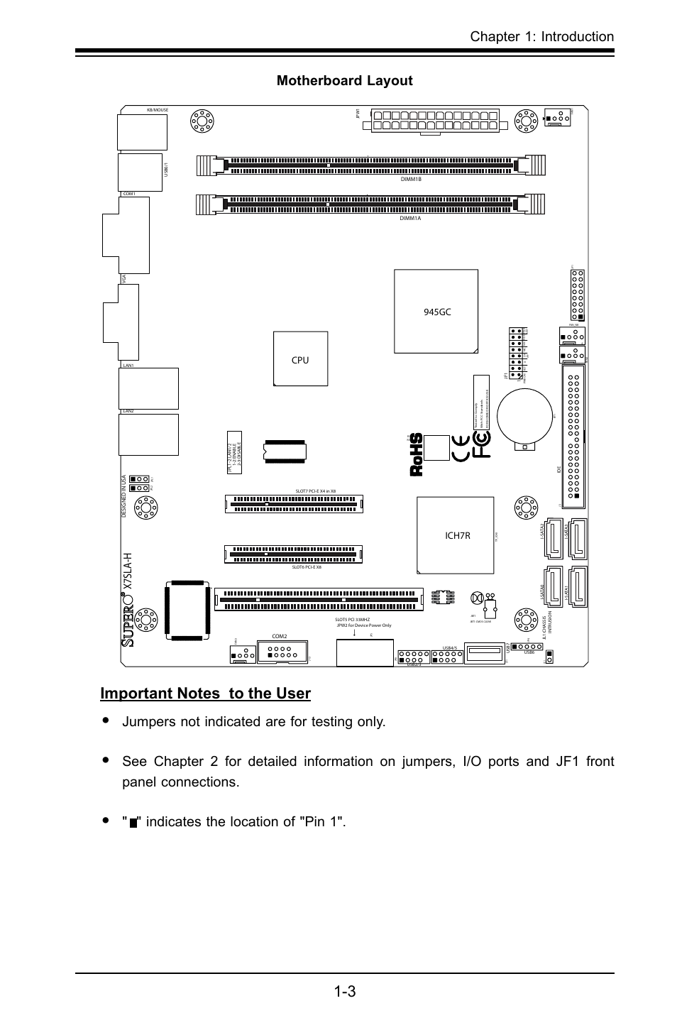 Chapter 1: introduction, Motherboard layout, Jumpers not indicated are for testing only | X7sla-h, Cpu 945gc ich7r | SUPER MICRO Computer X7SLA-H User Manual | Page 11 / 81