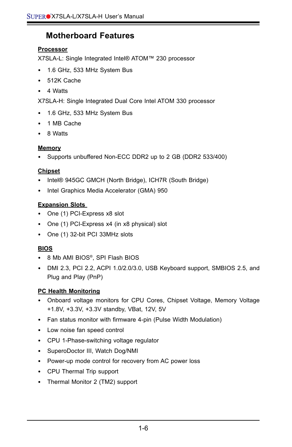 Motherboard features | SUPER MICRO Computer X7SLA-H User Manual | Page 14 / 81