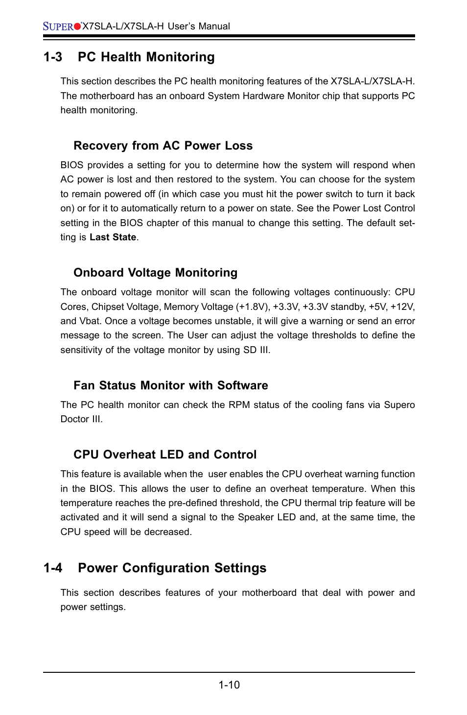 3 pc health monitoring, 4 power configuration settings | SUPER MICRO Computer X7SLA-H User Manual | Page 18 / 81