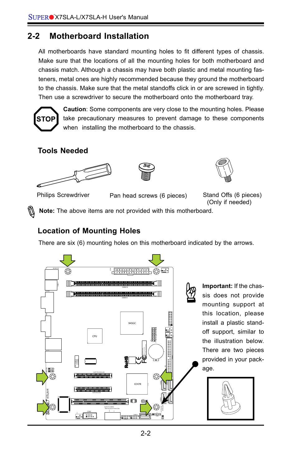 2 motherboard installation, Tools needed, Location of mounting holes | X7sla-l/x7sla-h user's manual, Philips screwdriver pan head screws (6 pieces), X7sla-h | SUPER MICRO Computer X7SLA-H User Manual | Page 22 / 81