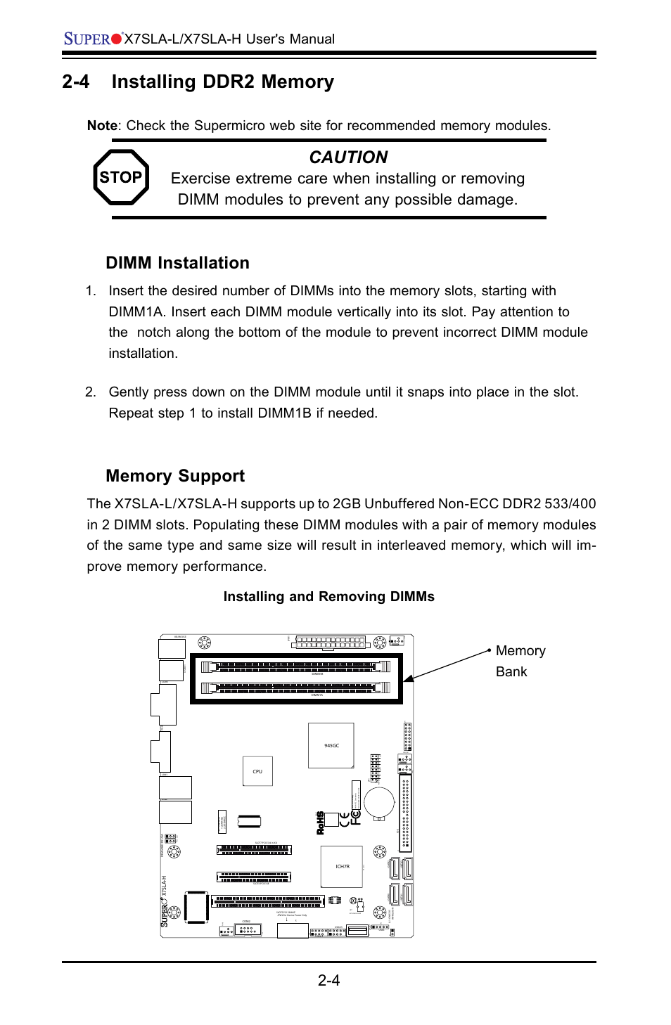 Caution, Dimm installation, X7sla-l/x7sla-h user's manual | SUPER MICRO Computer X7SLA-H User Manual | Page 24 / 81