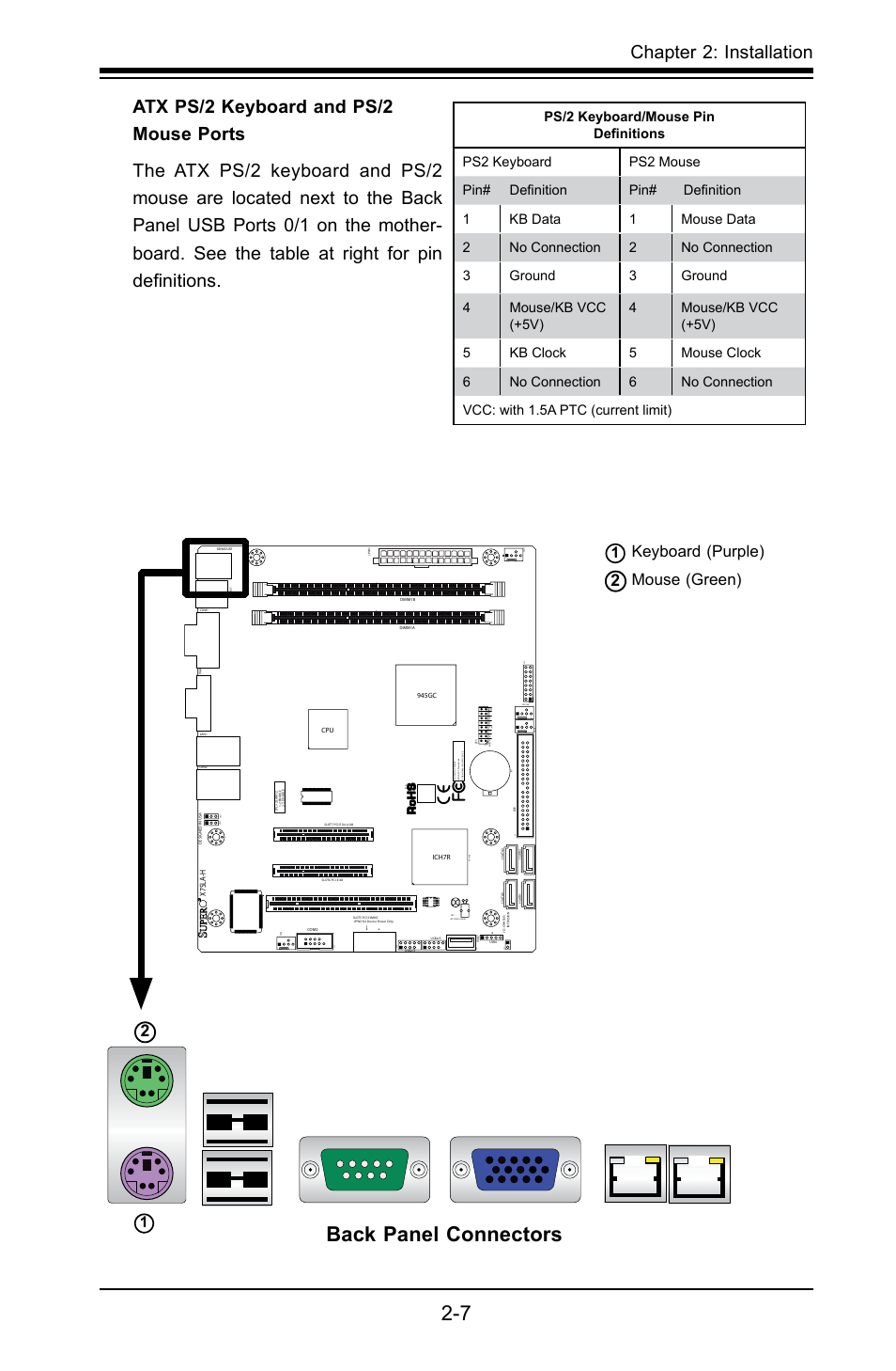 Back panel connectors, Chapter 2: installation, 2keyboard (purple) mouse (green) | SUPER MICRO Computer X7SLA-H User Manual | Page 27 / 81