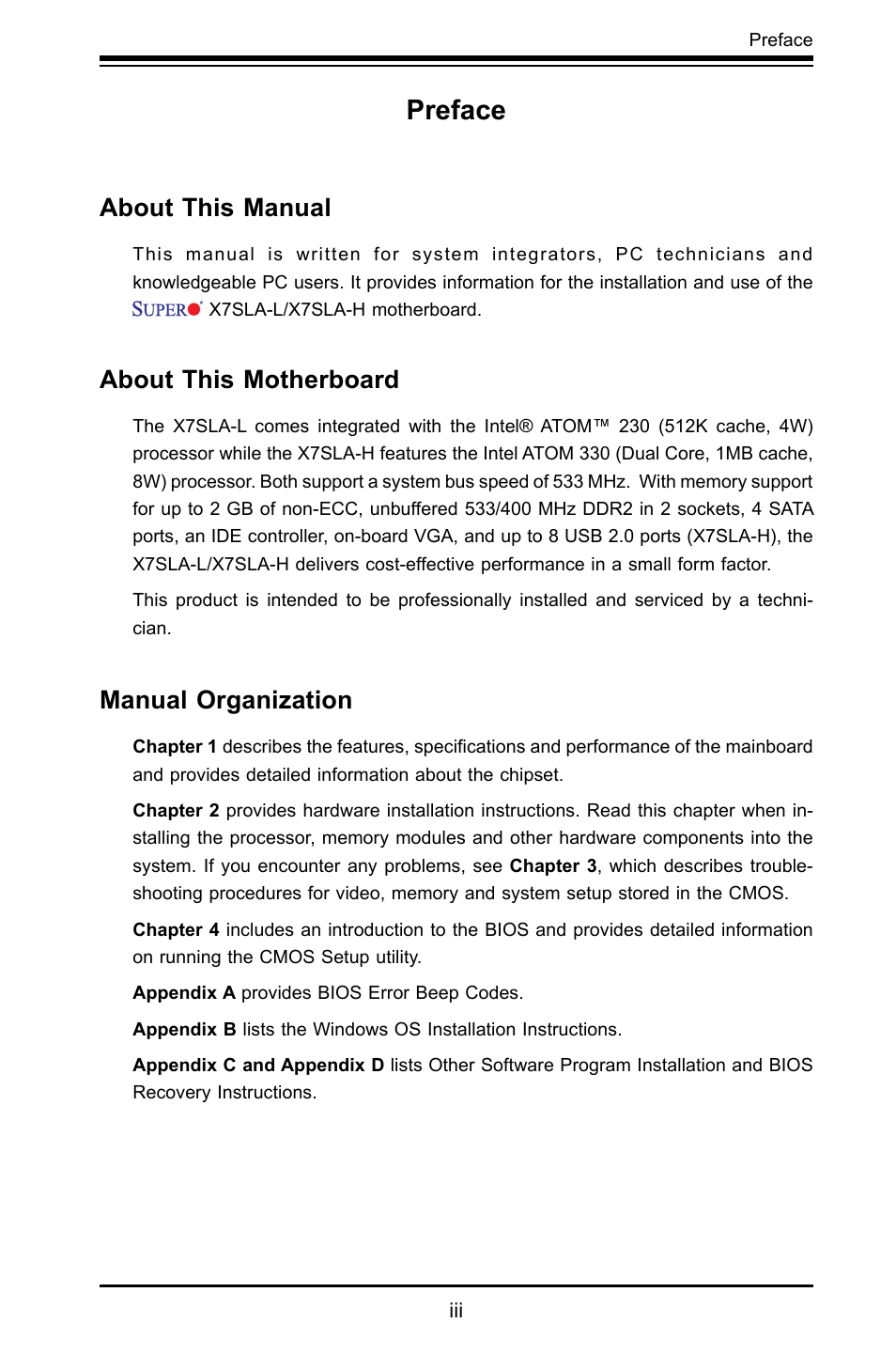 Preface, About this manual, About this motherboard | Manual organization | SUPER MICRO Computer X7SLA-H User Manual | Page 3 / 81