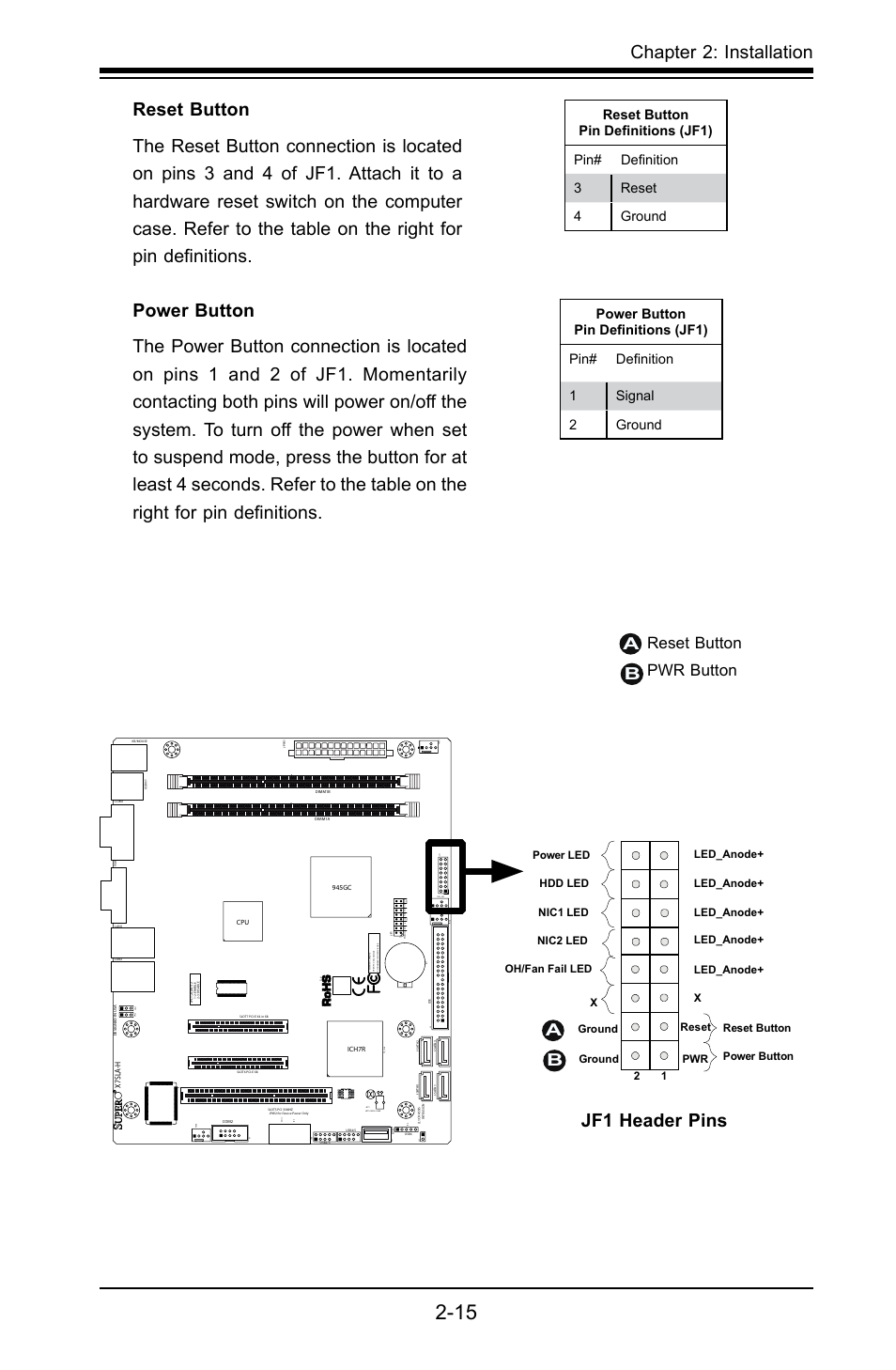 Chapter 2: installation, Jf1 header pins, Reset button pwr button | Nic2 led led_anode | SUPER MICRO Computer X7SLA-H User Manual | Page 35 / 81