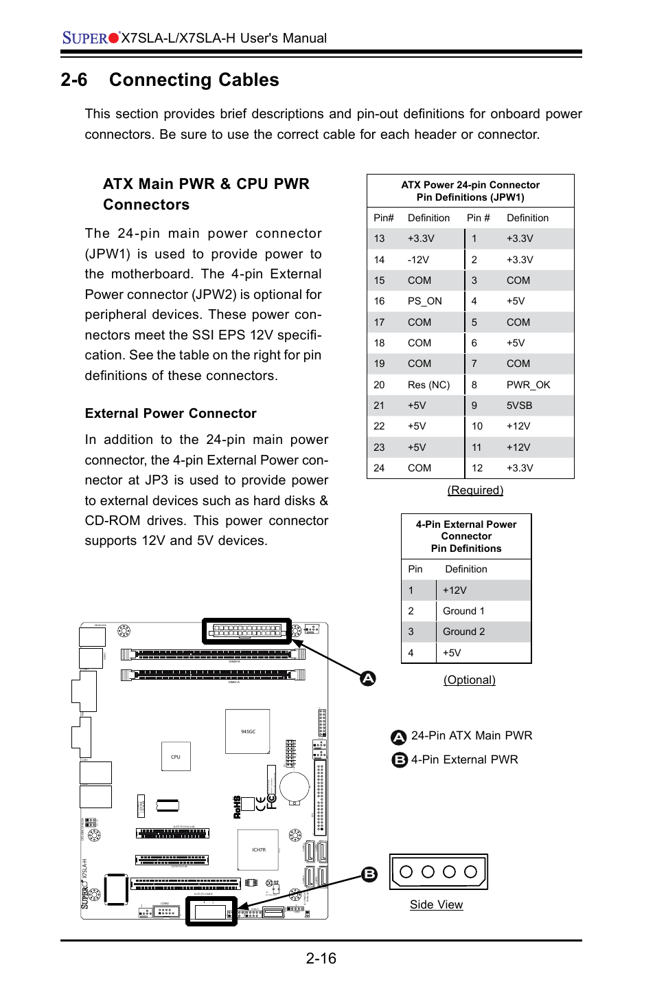 6 connecting cables, Atx main pwr & cpu pwr connectors, X7sla-l/x7sla-h user's manual | Pin atx main pwr 4-pin external pwr a b, Optional) (required), Side view | SUPER MICRO Computer X7SLA-H User Manual | Page 36 / 81