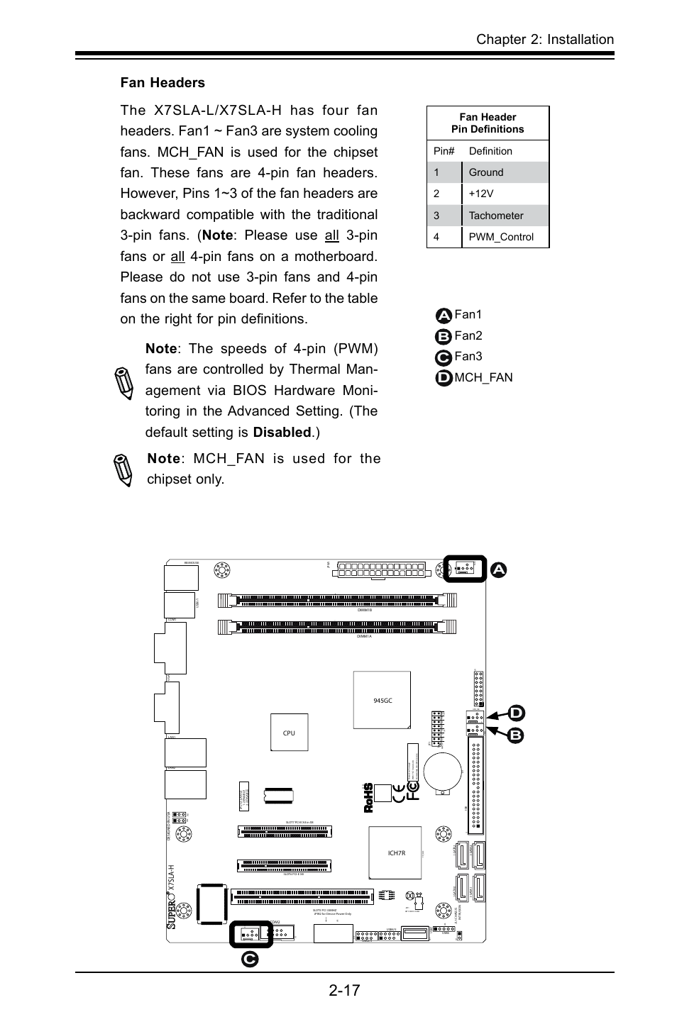 Chapter 2: installation, Ab fan1 fan2 fan3 mch_fan, X7sla-h | SUPER MICRO Computer X7SLA-H User Manual | Page 37 / 81