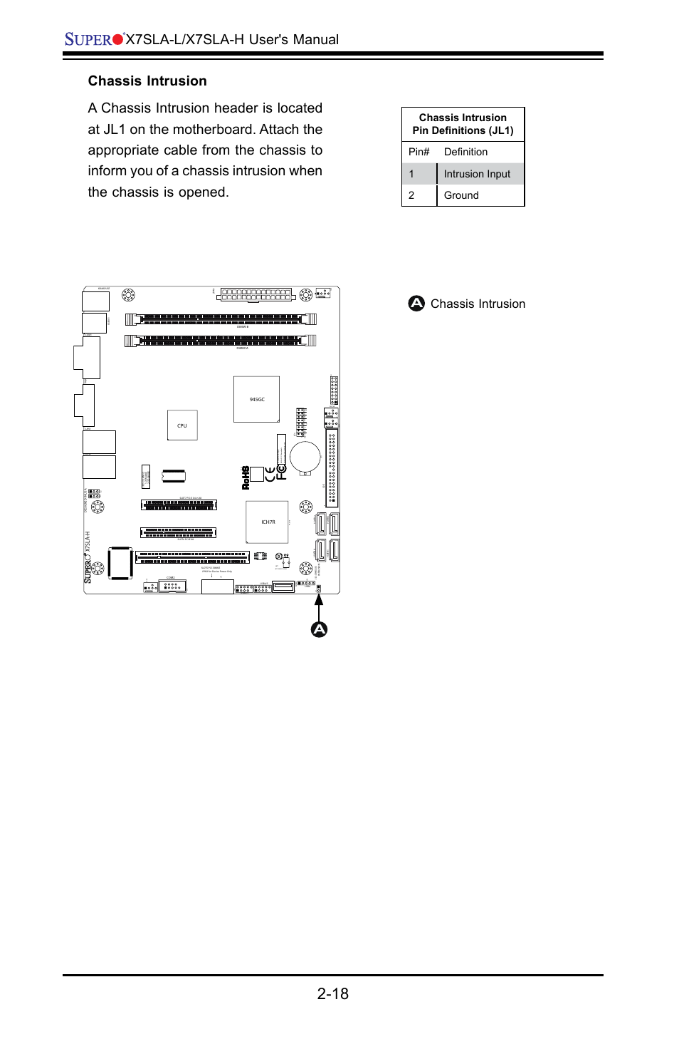 X7sla-l/x7sla-h user's manual, Chassis intrusion a, X7sla-h | SUPER MICRO Computer X7SLA-H User Manual | Page 38 / 81