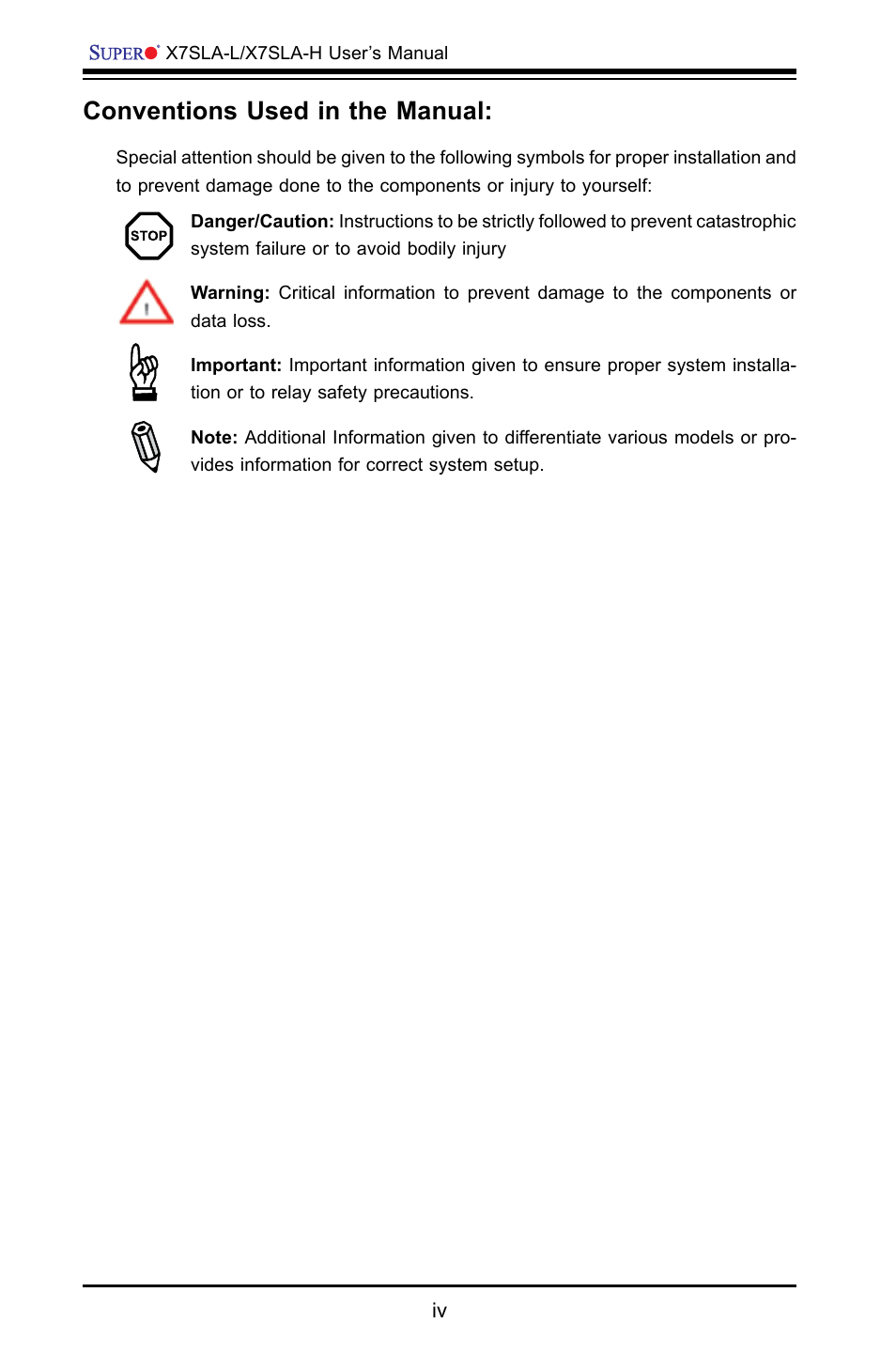 Conventions used in the manual | SUPER MICRO Computer X7SLA-H User Manual | Page 4 / 81