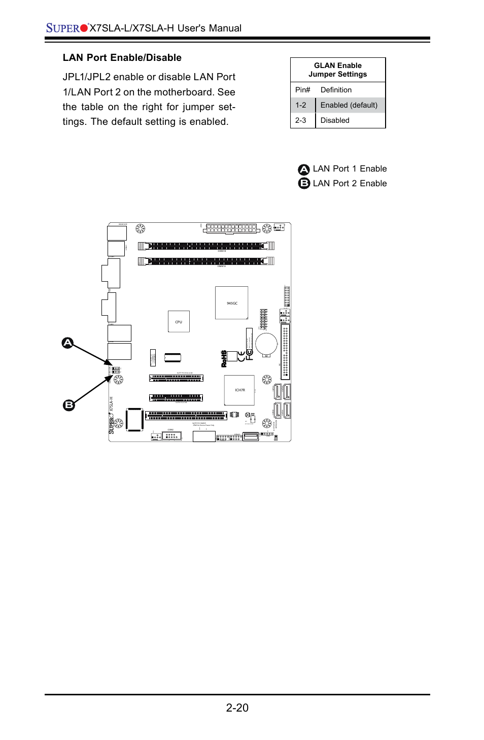 X7sla-l/x7sla-h user's manual, Alan port 1 enable lan port 2 enable, X7sla-h | SUPER MICRO Computer X7SLA-H User Manual | Page 40 / 81