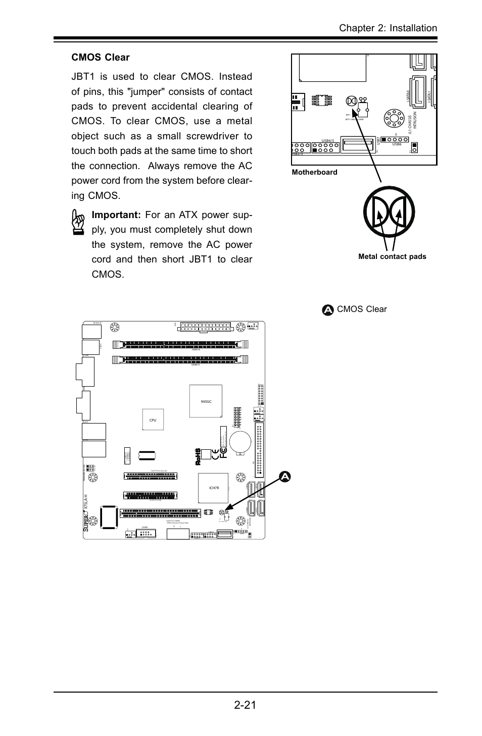 Chapter 2: installation, X7sla-h, Acmos clear | Cpu 945gc ich7r, Metal contact pads motherboard, Designed in usa, Com2, Dimm1a dimm1b | SUPER MICRO Computer X7SLA-H User Manual | Page 41 / 81