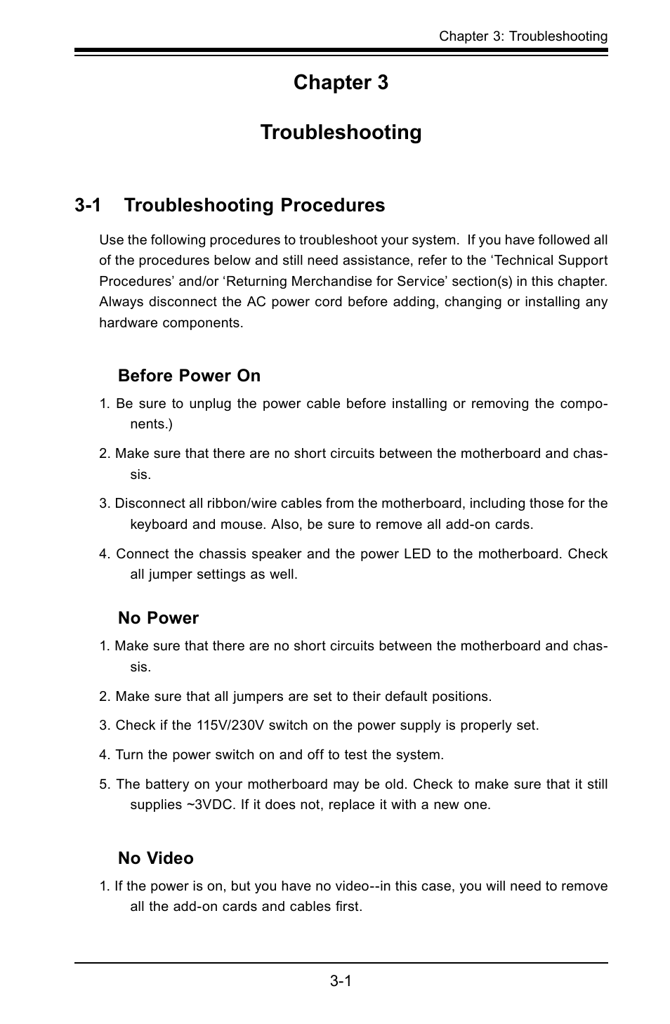 Chapter 3 troubleshooting, 1 troubleshooting procedures | SUPER MICRO Computer X7SLA-H User Manual | Page 45 / 81