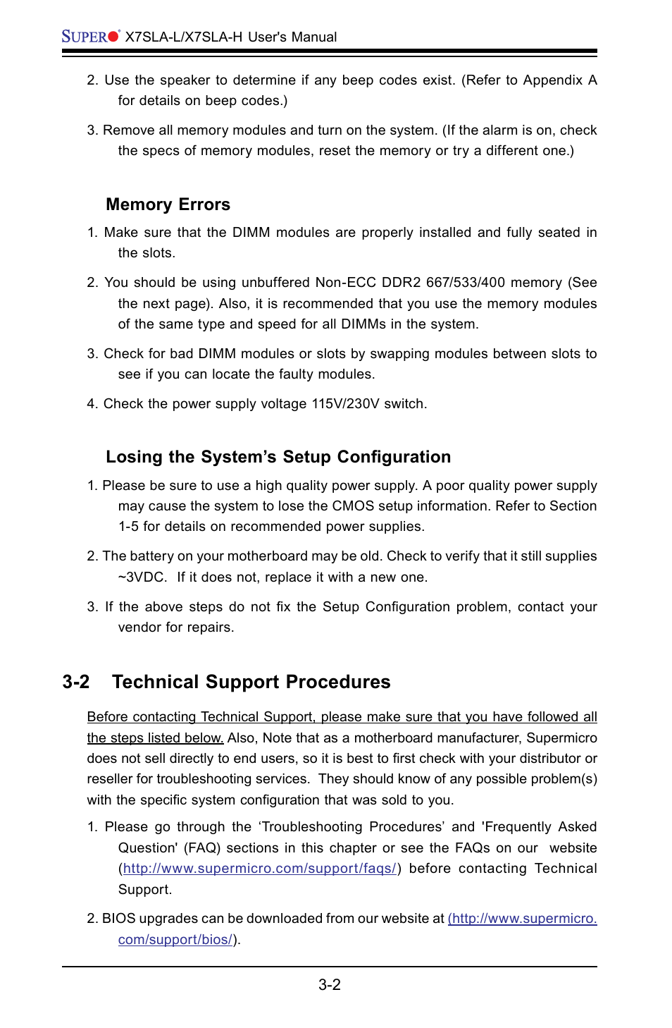 2 technical support procedures, Losing the system’s setup configuration | SUPER MICRO Computer X7SLA-H User Manual | Page 46 / 81