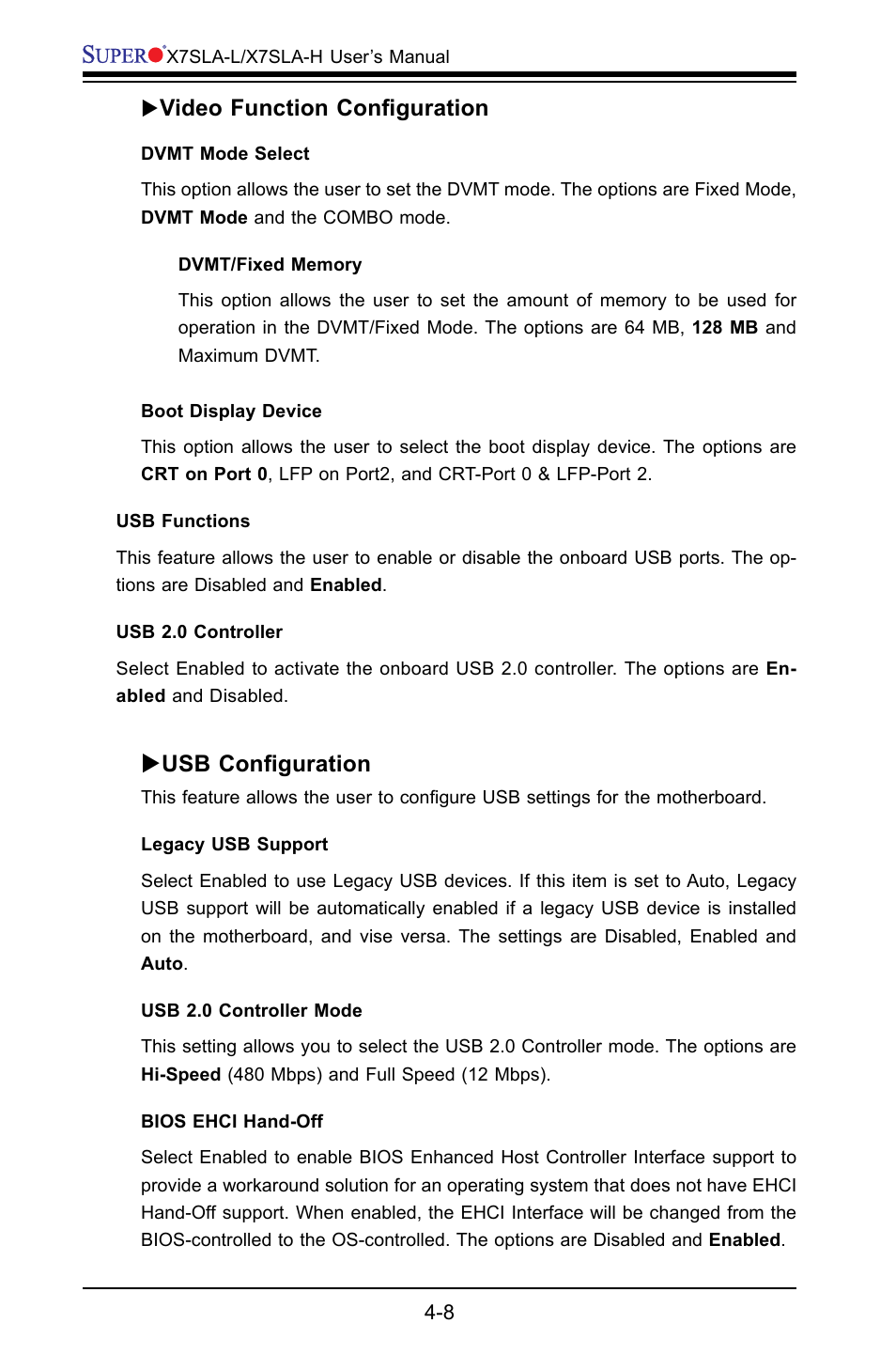 Video function configuration, Usb configuration | SUPER MICRO Computer X7SLA-H User Manual | Page 58 / 81