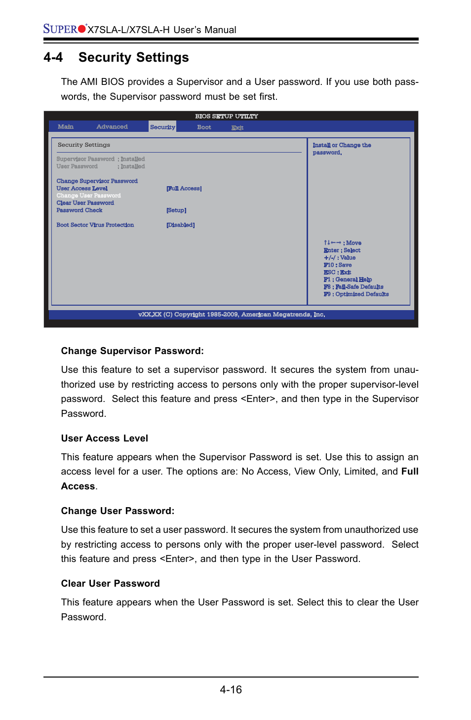 4 security settings, X7sla-l/x7sla-h, User’s manual | SUPER MICRO Computer X7SLA-H User Manual | Page 66 / 81