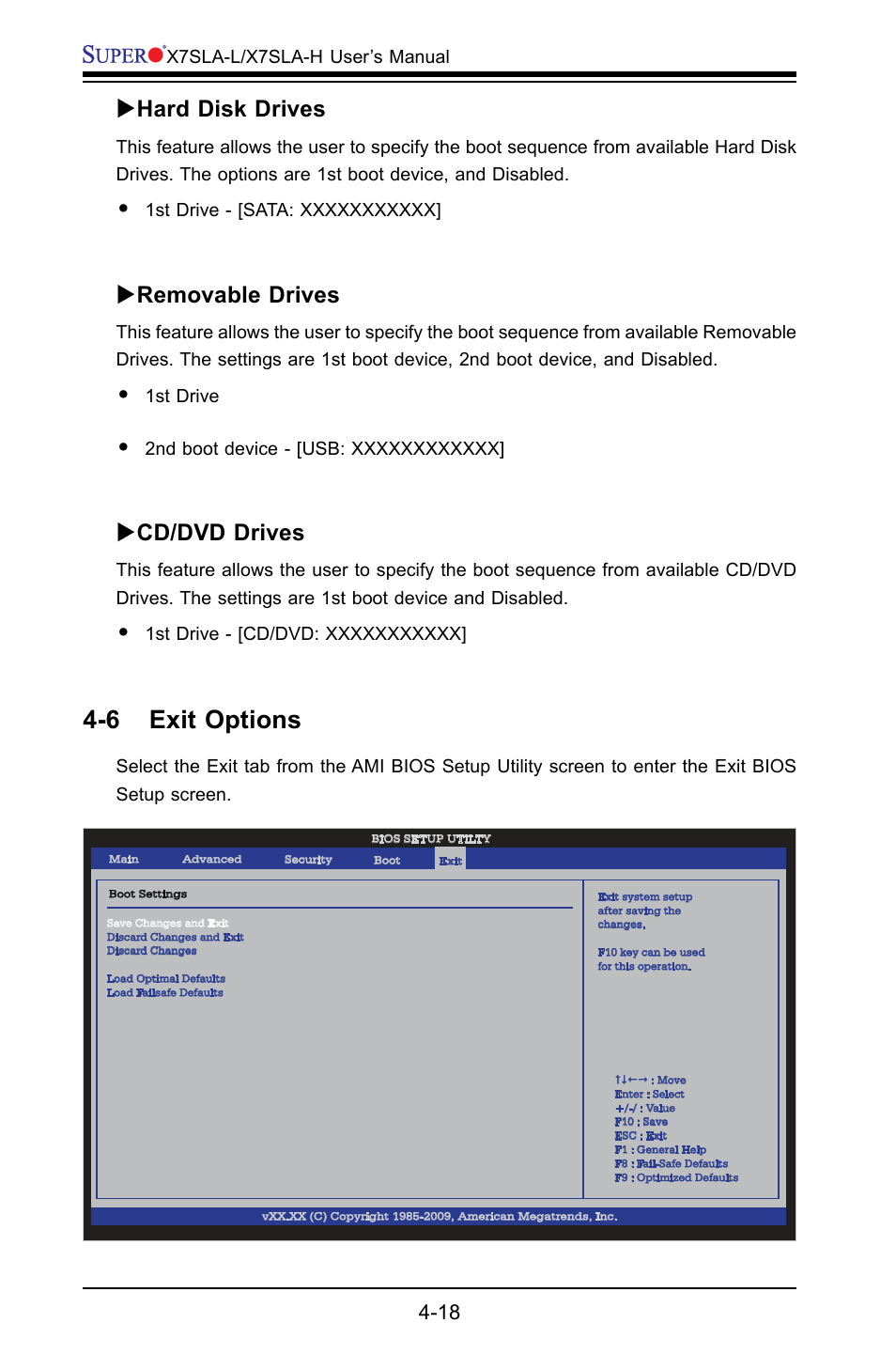 6 exit options, Hard disk drives, Removable drives | Cd/dvd drives | SUPER MICRO Computer X7SLA-H User Manual | Page 68 / 81