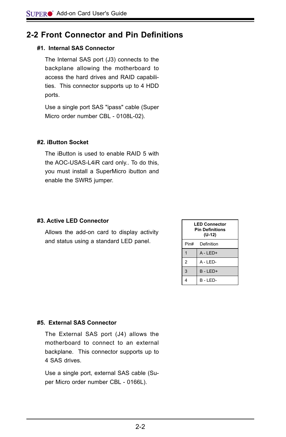 2 front connector and pin deﬁnitions | SUPER MICRO Computer AOC-USAS-L4i User Manual | Page 12 / 66