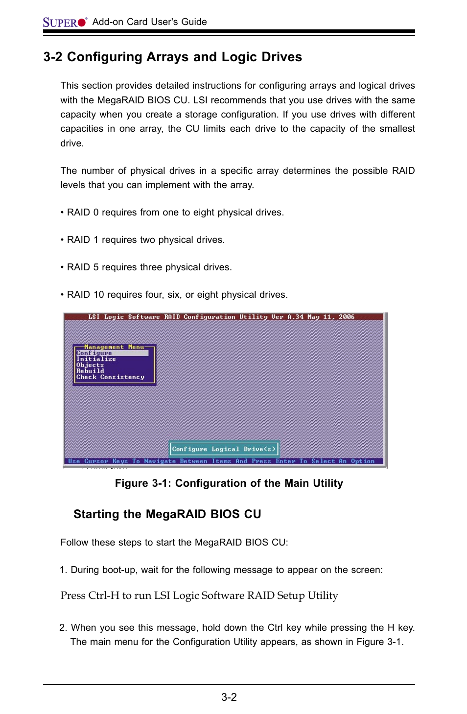 2 conﬁguring arrays and logic drives, Starting the megaraid bios cu | SUPER MICRO Computer AOC-USAS-L4i User Manual | Page 18 / 66