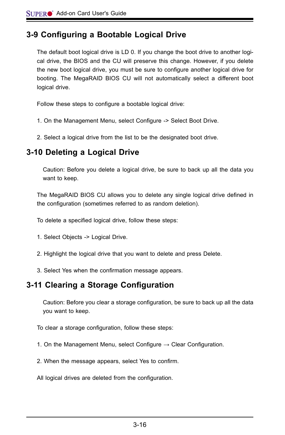 9 conﬁguring a bootable logical drive, 10 deleting a logical drive, 11 clearing a storage conﬁguration | SUPER MICRO Computer AOC-USAS-L4i User Manual | Page 32 / 66