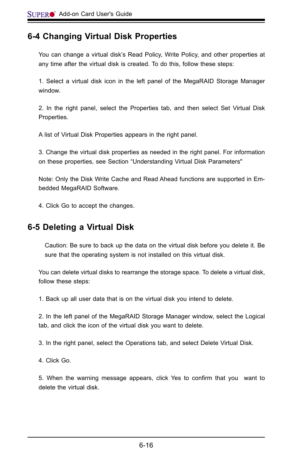 4 changing virtual disk properties, 5 deleting a virtual disk | SUPER MICRO Computer AOC-USAS-L4i User Manual | Page 64 / 66