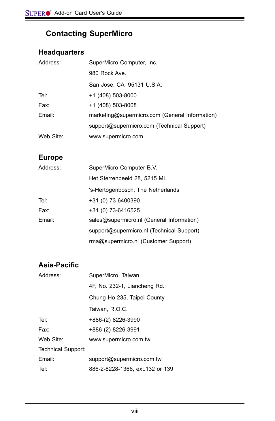 Contacting supermicro, Headquarters, Europe | Asia-paciﬁc | SUPER MICRO Computer AOC-USAS-L4i User Manual | Page 8 / 66