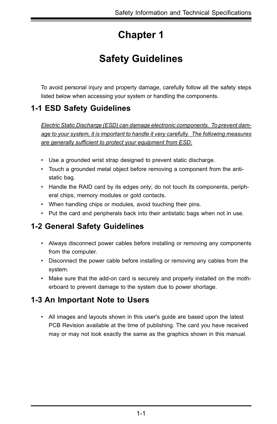 Chapter 1 safety guidelines, 1 esd safety guidelines, 2 general safety guidelines | SUPER MICRO Computer AOC-USAS-L4i User Manual | Page 9 / 66
