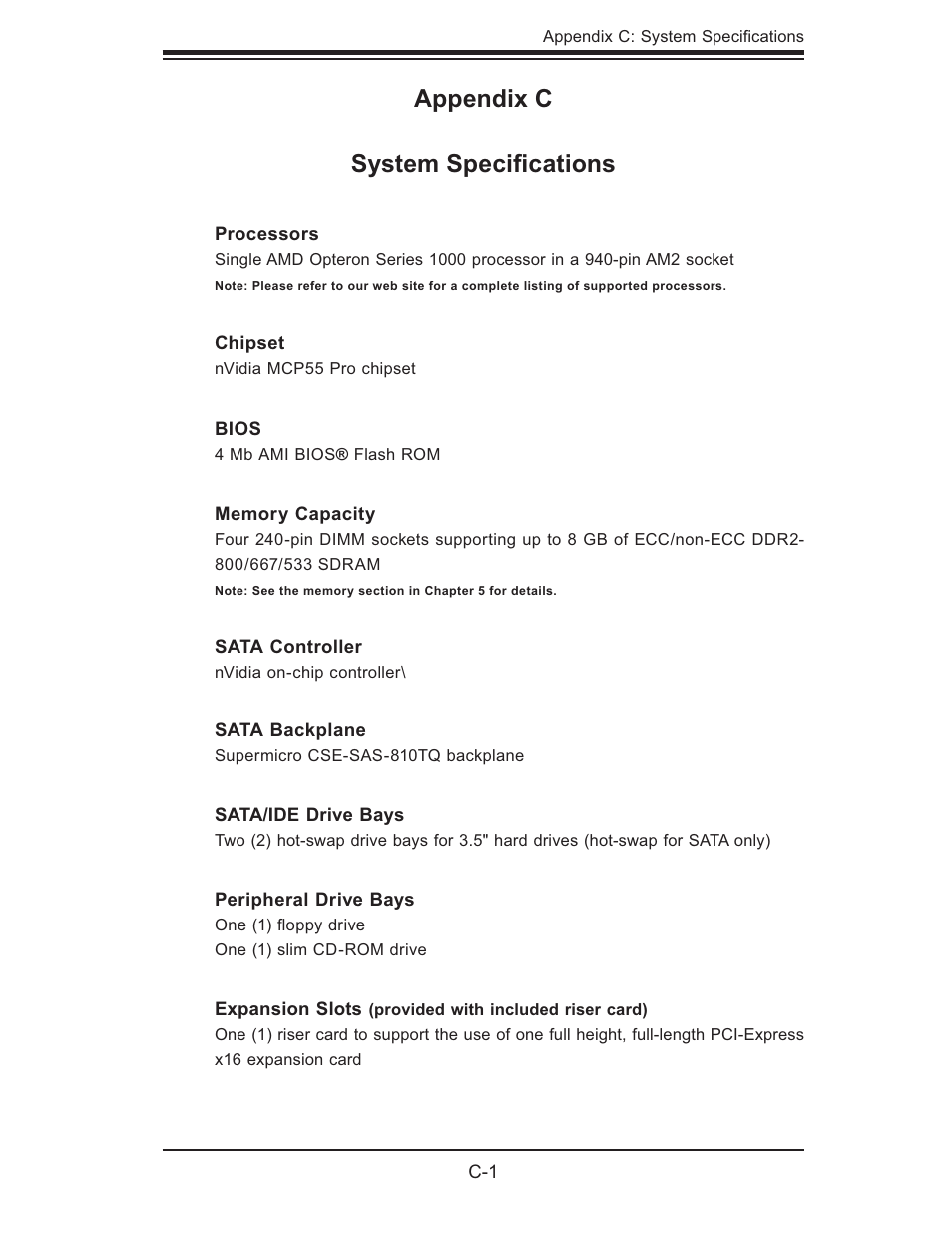 Appendix c system speciﬁ cations | SUPER MICRO Computer AS1011M-T2 User Manual | Page 101 / 104
