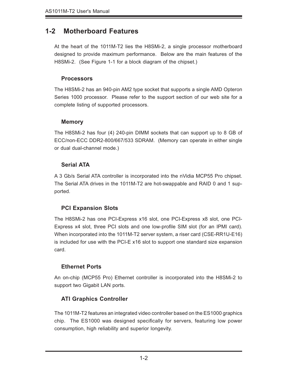 2 motherboard features | SUPER MICRO Computer AS1011M-T2 User Manual | Page 12 / 104