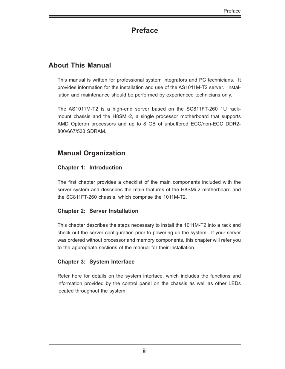Preface, About this manual, Manual organization | SUPER MICRO Computer AS1011M-T2 User Manual | Page 3 / 104