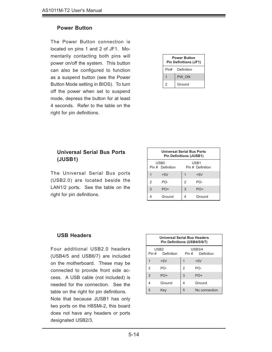 Power button, Universal serial bus ports (jusb1), Usb headers | SUPER MICRO Computer AS1011M-T2 User Manual | Page 48 / 104
