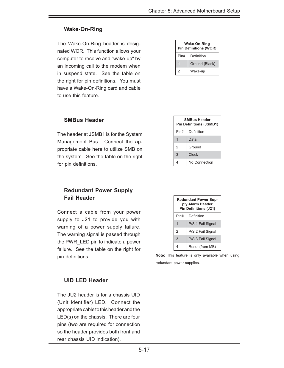 17 wake-on-ring, Smbus header, Redundant power supply fail header | Uid led header | SUPER MICRO Computer AS1011M-T2 User Manual | Page 51 / 104