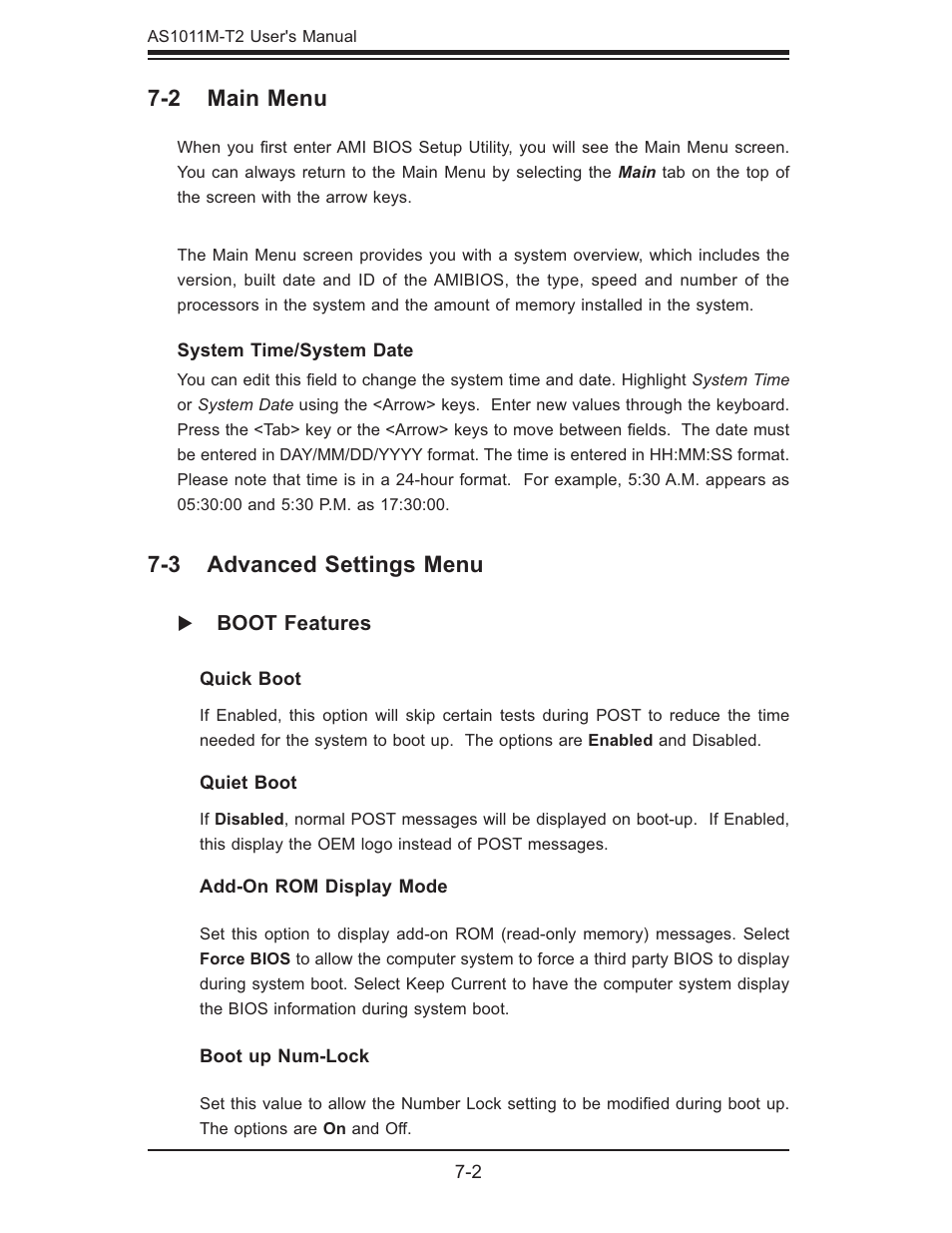2 main menu, 3 advanced settings menu | SUPER MICRO Computer AS1011M-T2 User Manual | Page 72 / 104