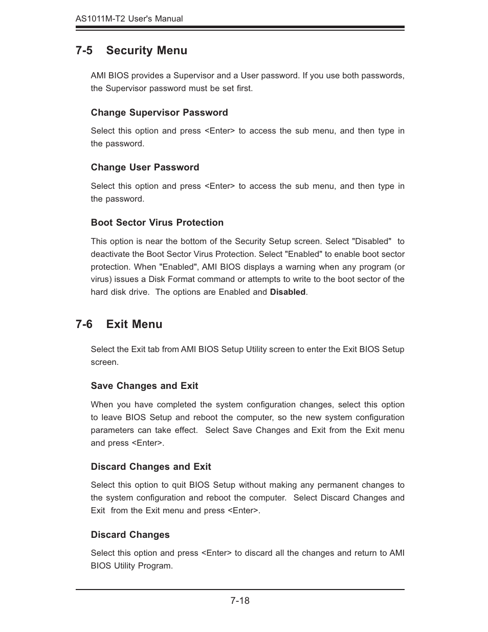 5 security menu, 6 exit menu | SUPER MICRO Computer AS1011M-T2 User Manual | Page 88 / 104