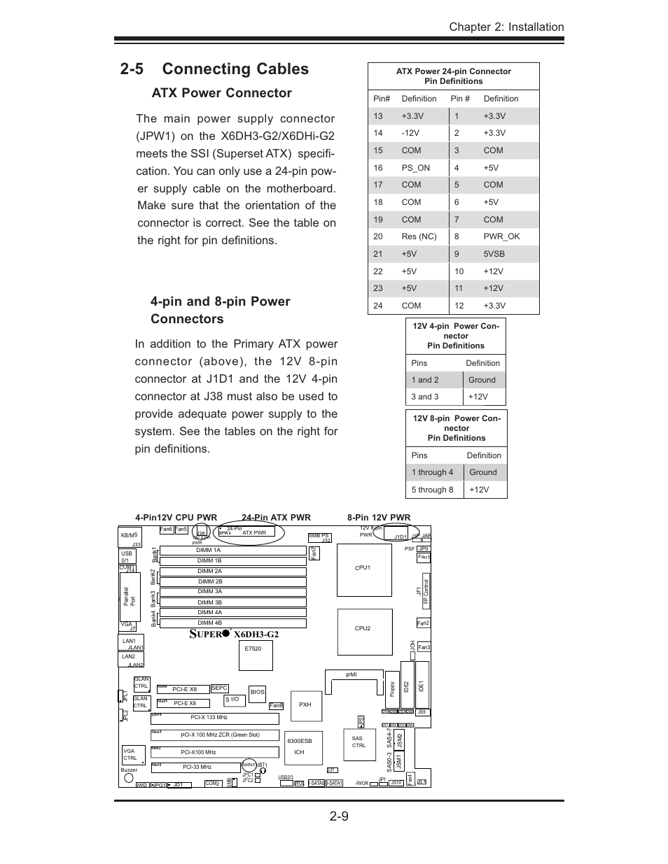 5 connecting cables, Atx power connector, Pin and 8-pin power connectors | Chapter 2: installation | SUPER MICRO Computer X6DHi-G2 User Manual | Page 29 / 120