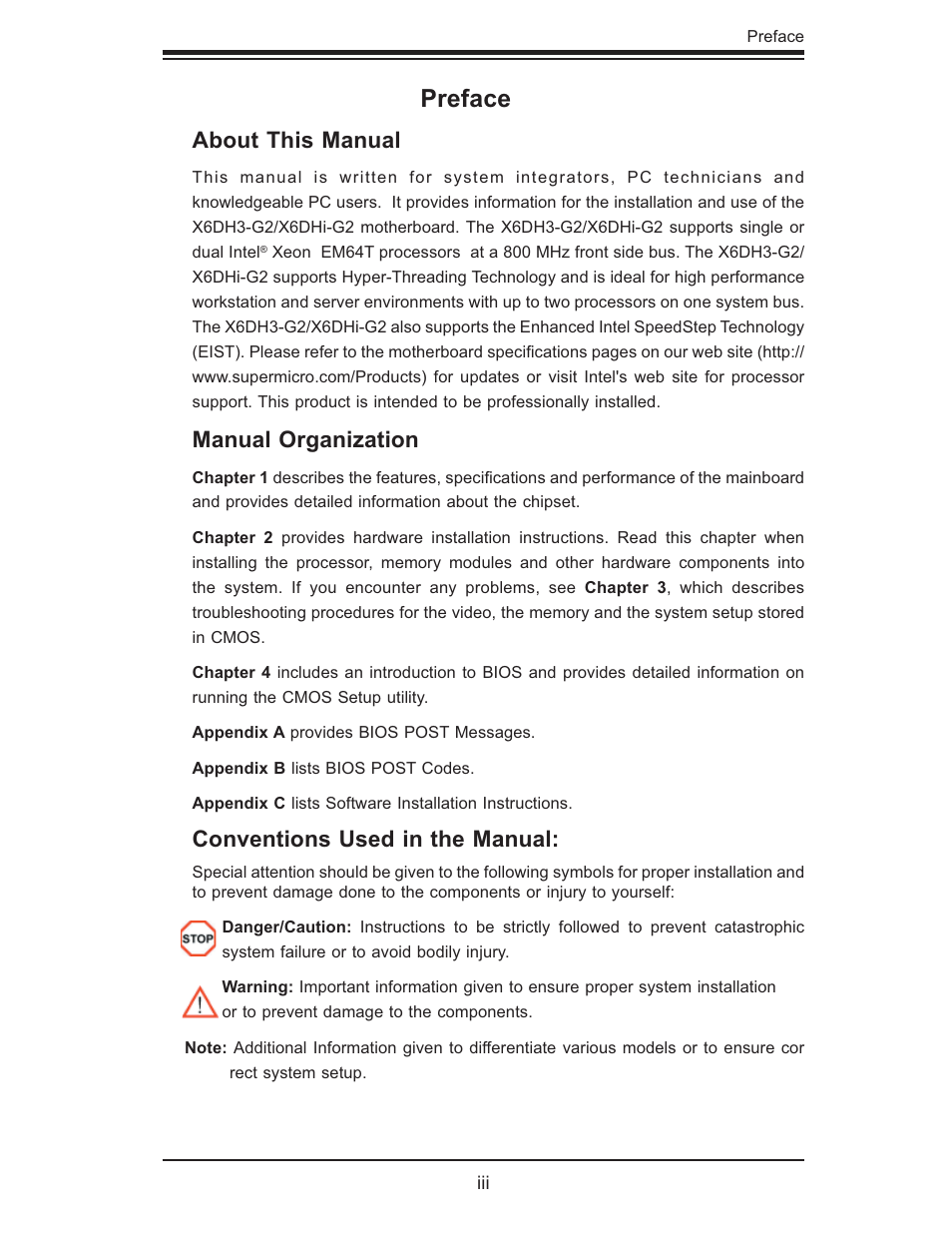 Preface, About this manual, Manual organization | Conventions used in the manual | SUPER MICRO Computer X6DHi-G2 User Manual | Page 3 / 120