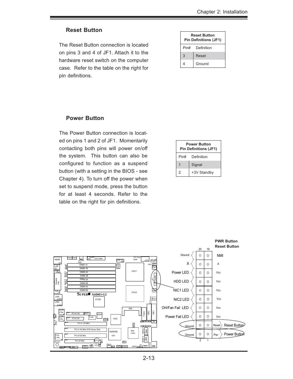 Power button, Reset button, Chapter 2: installation | Power button oh/fan fail led, Nic1 led reset button, Power fail led hdd led power led, Nic2 led, Pwr button | SUPER MICRO Computer X6DHi-G2 User Manual | Page 33 / 120