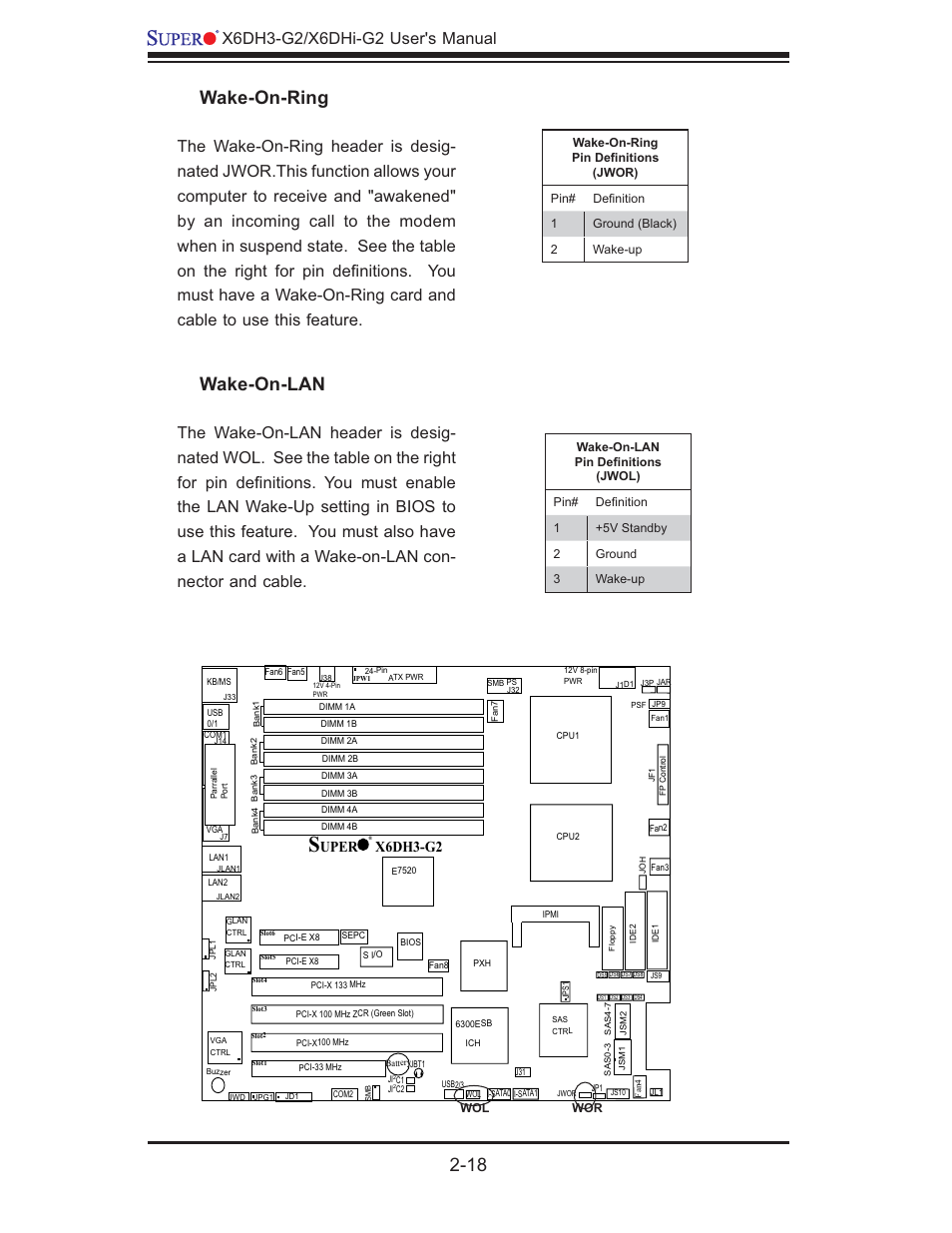 Wake-on-ring, Wake-on-lan, Uper x6dh3-g2 | SUPER MICRO Computer X6DHi-G2 User Manual | Page 38 / 120