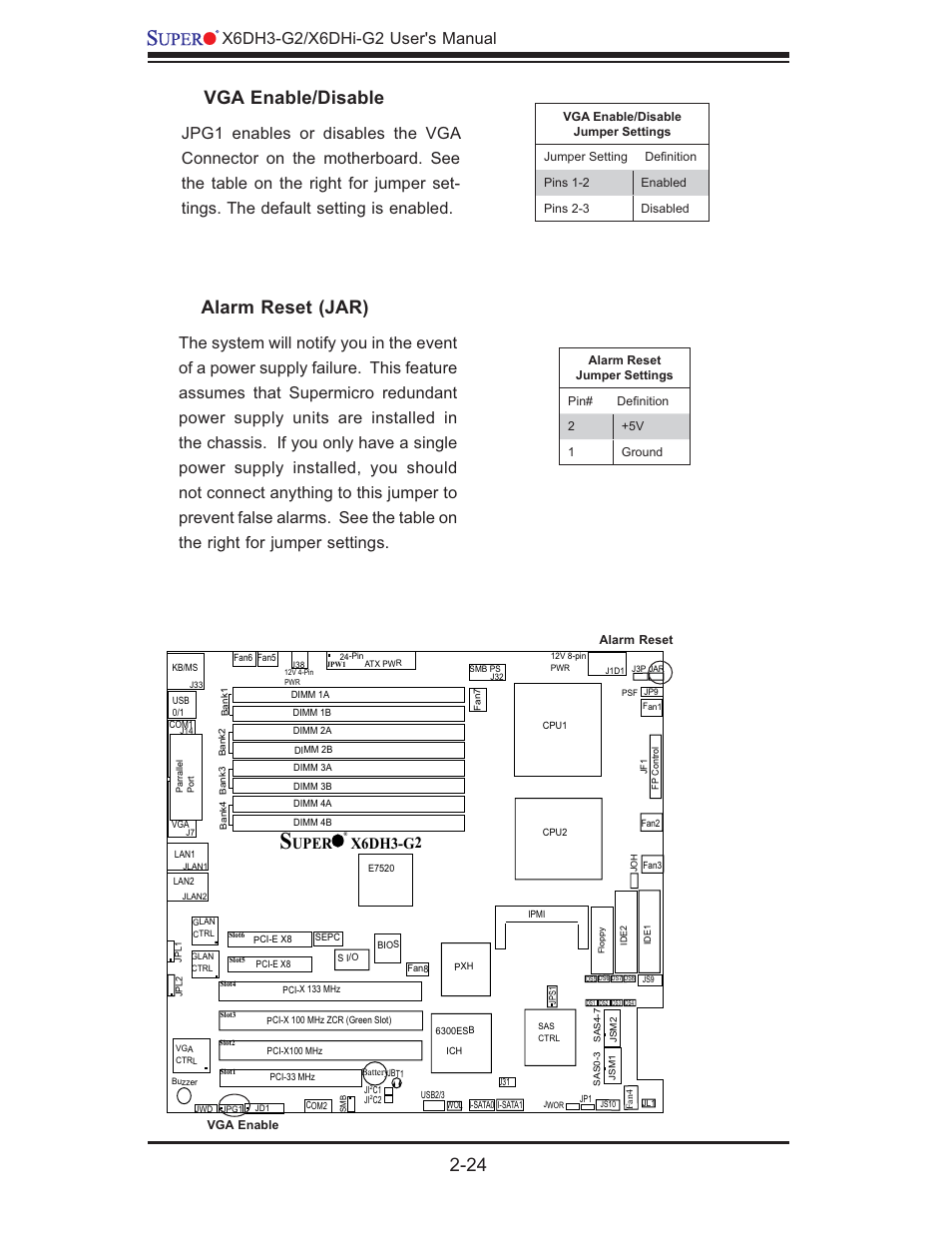 Vga enable/disable, Alarm reset (jar), Uper x6dh3-g2 | SUPER MICRO Computer X6DHi-G2 User Manual | Page 44 / 120