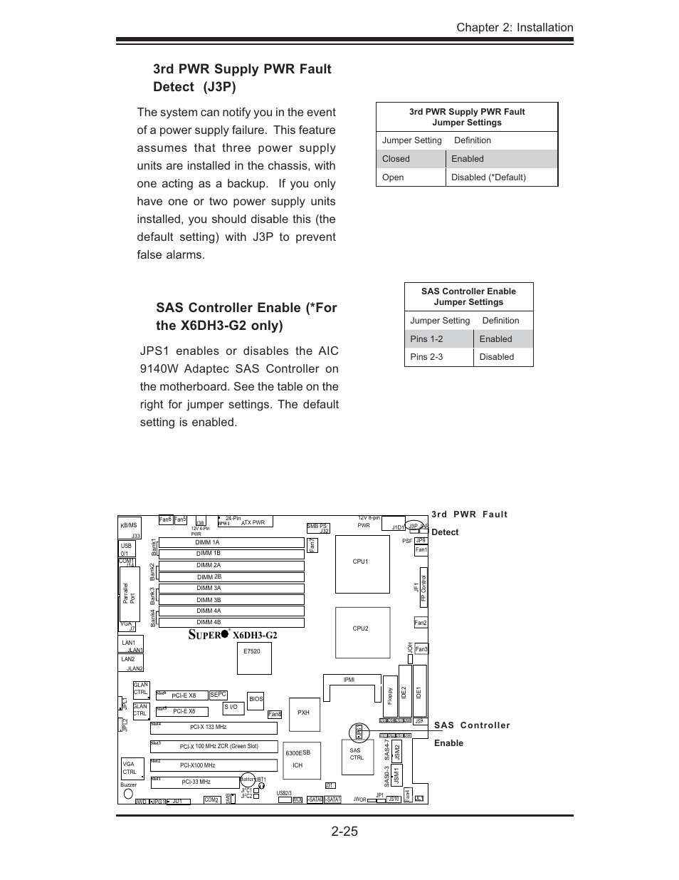 25 3rd pwr supply pwr fault detect (j3p), Sas controller enable (*for the x6dh3-g2 only), Chapter 2: installation | Uper x6dh3-g2 | SUPER MICRO Computer X6DHi-G2 User Manual | Page 45 / 120