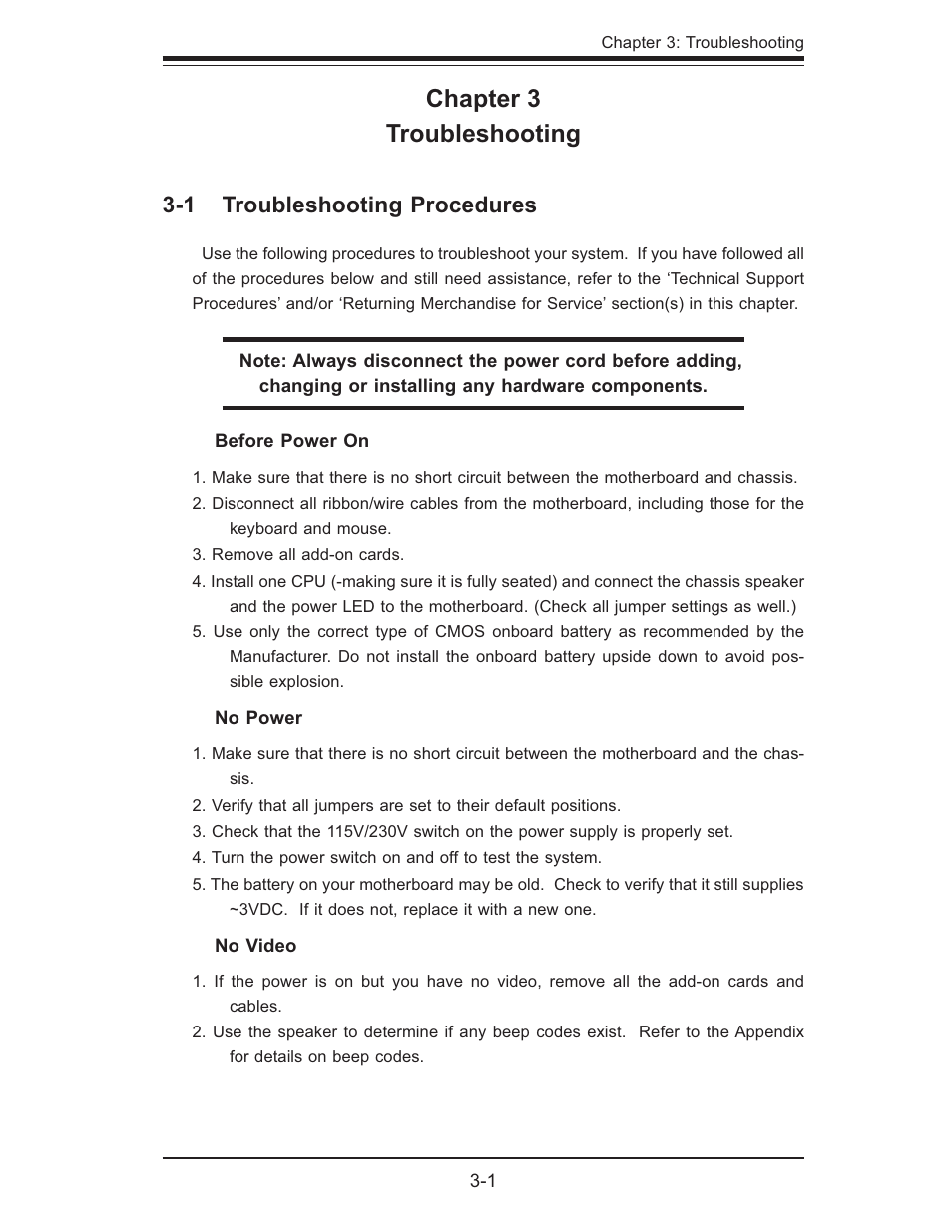 Chapter 3 troubleshooting, 1 troubleshooting procedures | SUPER MICRO Computer X6DHi-G2 User Manual | Page 53 / 120