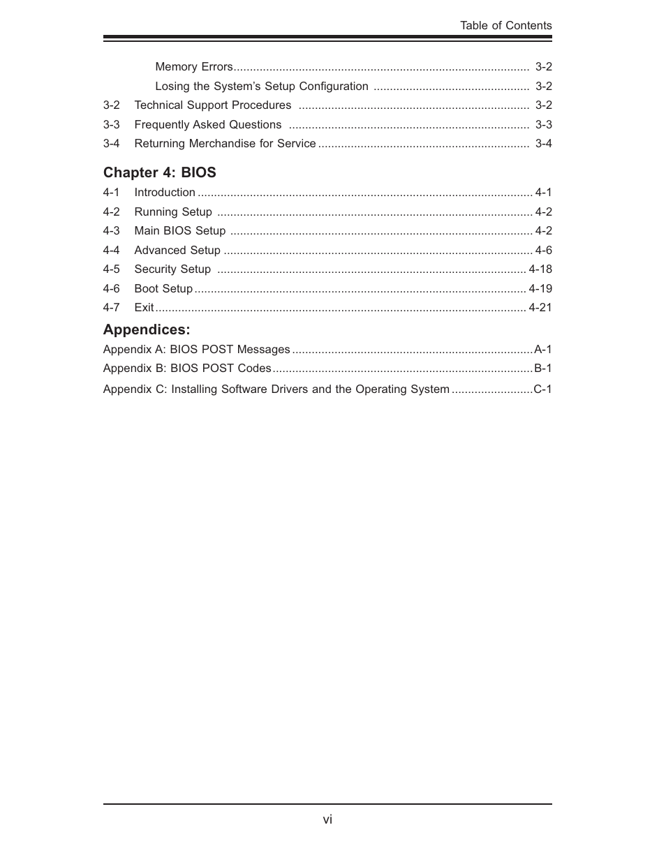 Chapter 4: bios, Appendices | SUPER MICRO Computer X6DHi-G2 User Manual | Page 6 / 120