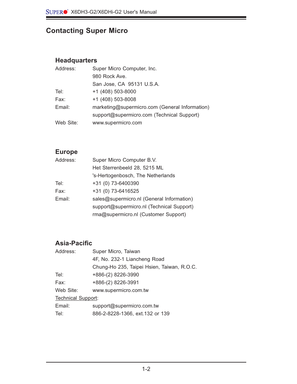 Contacting super micro | SUPER MICRO Computer X6DHi-G2 User Manual | Page 8 / 120