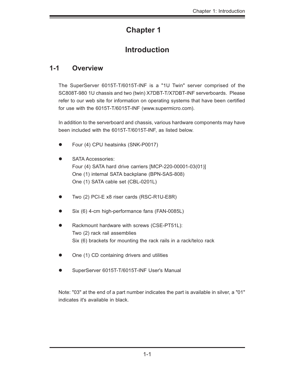 Chapter 1 introduction, 1 overview | SUPER MICRO Computer SUPERSERVER 6015T-INF User Manual | Page 11 / 114